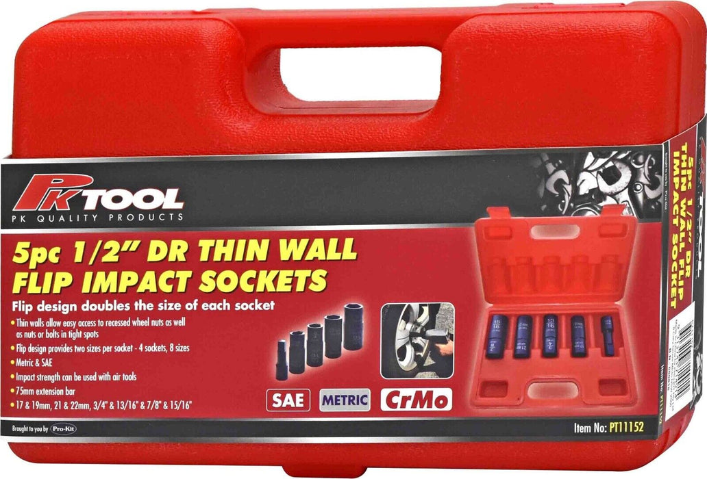 Impact Sockets Thin Wall 5pc Metric SAE 1/2" Dr Flip Design 17-22mm, 3/4"-15/16"