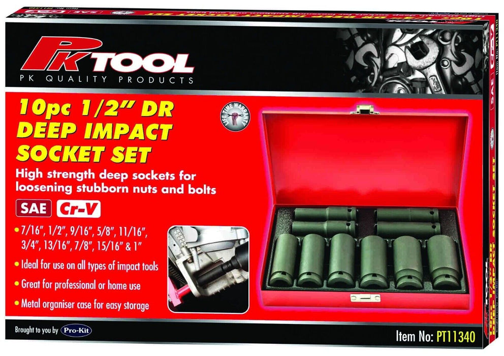 Force pro 10PC 1/2" Dr. Air Impact Socket Set Cr-V Deep 76mm Long SAE Taiwan