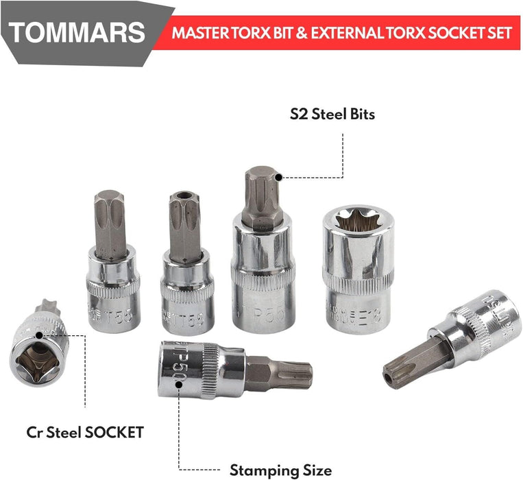 60-Pc Master Torx Bit Socket and External Torx Socket Set 1/4", 3/8", 1/2" Drive