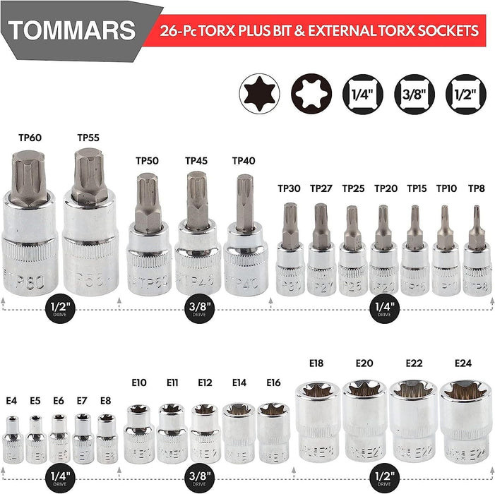 60-Pc Master Torx Bit Socket and External Torx Socket Set 1/4", 3/8", 1/2" Drive