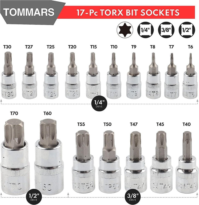 60-Pc Master Torx Bit Socket and External Torx Socket Set 1/4", 3/8", 1/2" Drive