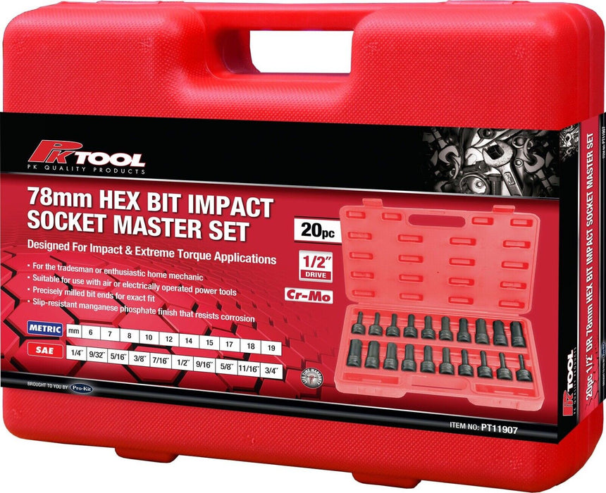 1/2" Drive Master Impact Hex Driver Tools Set, Metric 6-19mm SAE 1/4"-3/4" 20pcs