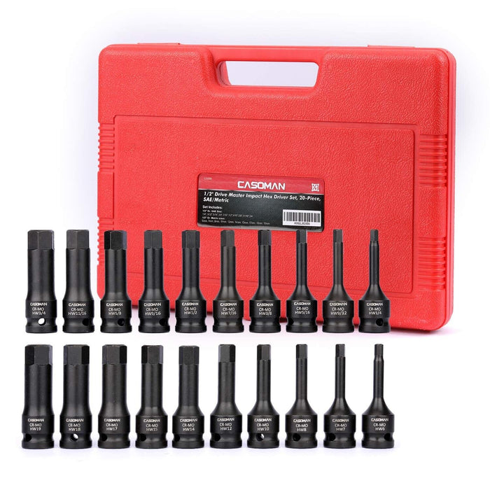 1/2" Drive Master Impact Hex Driver Tools Set, Metric 6-19mm SAE 1/4"-3/4" 20pcs