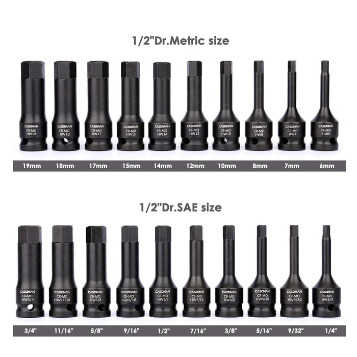 1/2" Drive Master Impact Hex Driver Tools Set, Metric 6-19mm SAE 1/4"-3/4" 20pcs