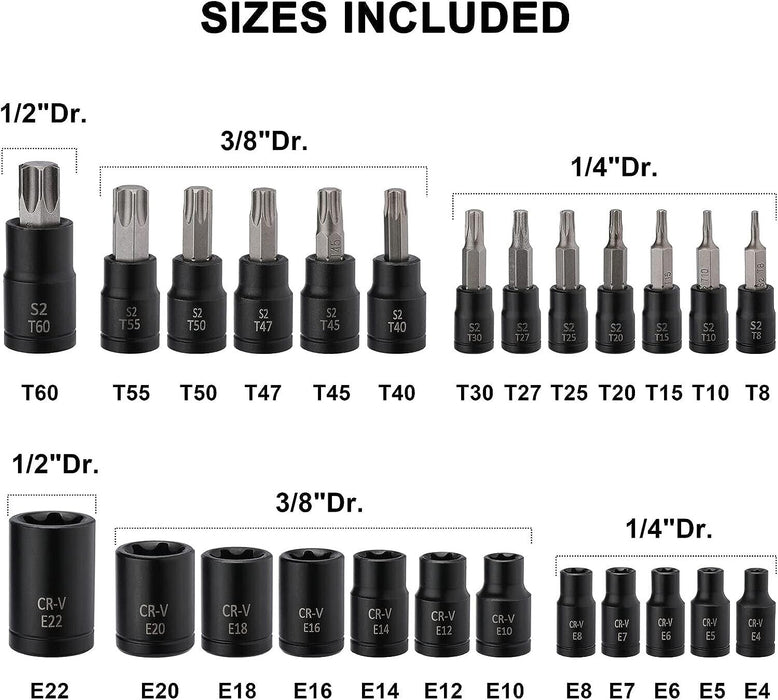 25PC Torx Bit Socket Set-Torx and External Socket Set 1/4" 3/8" 1/2" Dr CR-V