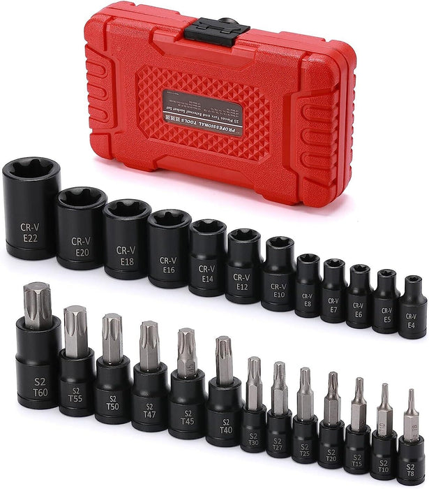 25PC Torx Bit Socket Set-Torx and External Socket Set 1/4" 3/8" 1/2" Dr CR-V