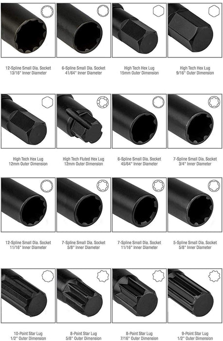 Force pro 16pc Universal Locking Lug Nut Master Key Set Wheel Lock Removal kit