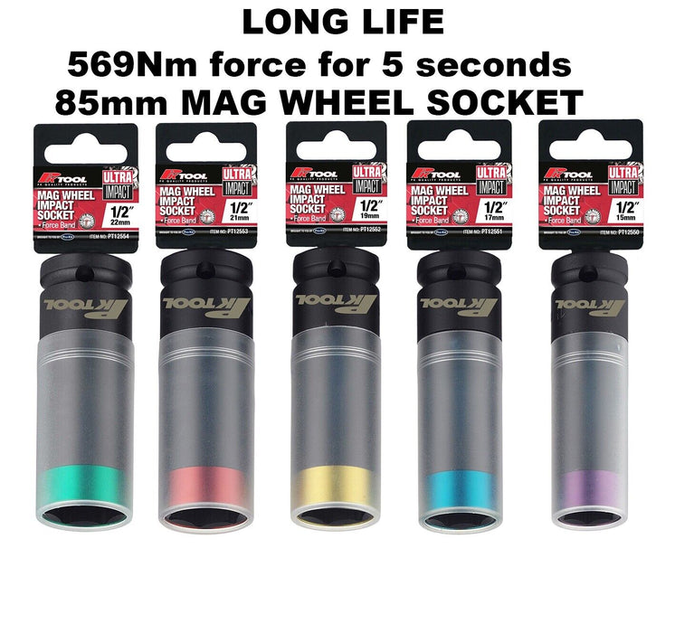 Force pro 1/2"dr Thin Wall Deep Impact LONG LIFE 85mm Mag Wheel Socket 15 - 22mm