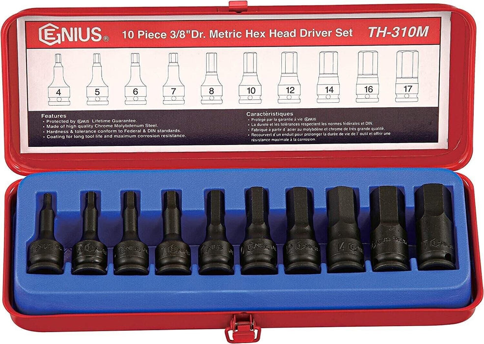 Genius Tools 10PC 3/8" DrMetric Hex Impact Bit Socket Set (CR-Mo) Made in Taiwan