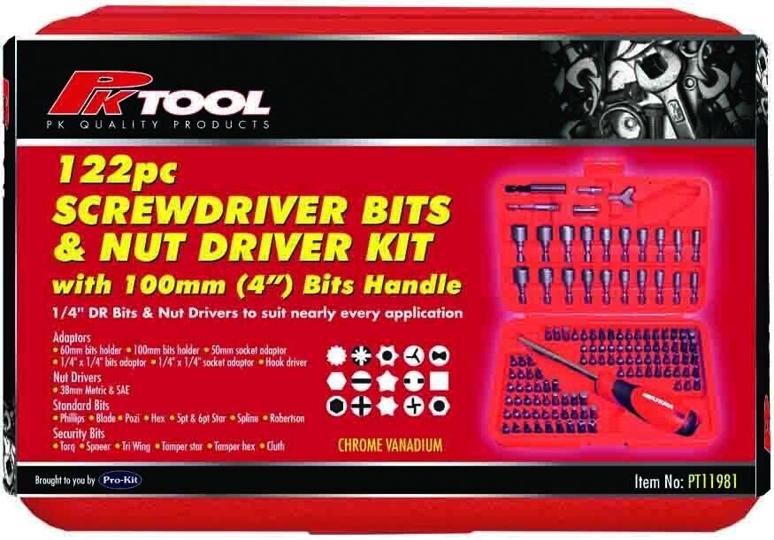 122pc 1/4” HEX DR COMBINATION SCREWDRIVER BITS SET with 100mm (4”) BIT HANDLE