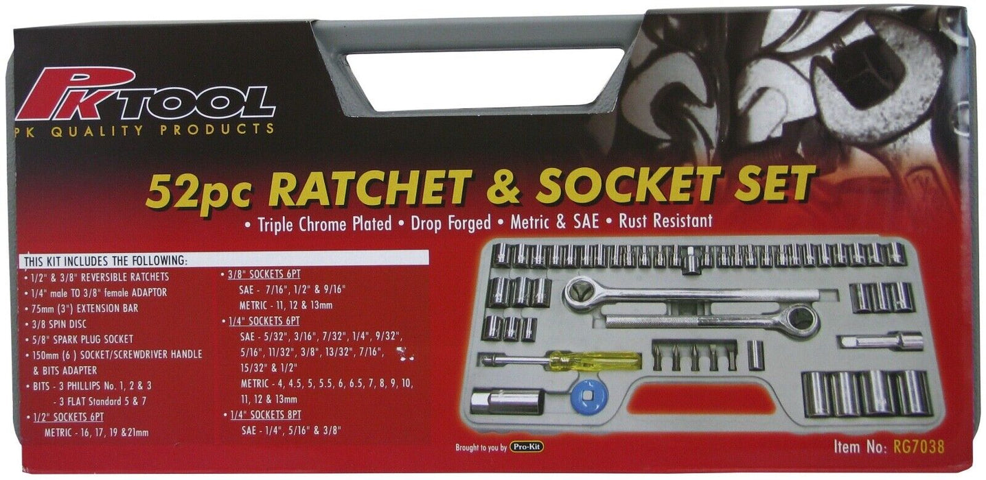 PRO 52pc Metric Imperial Socket Set 3/8" 1/2" Drive Ratchet Extension Bits