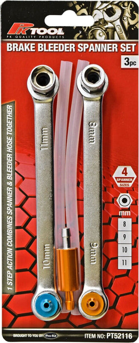 PK TOOL 3pc 8, 9, 10 & 11mm Brake Fluid Clutch Bleeder Hose with One-Way Check