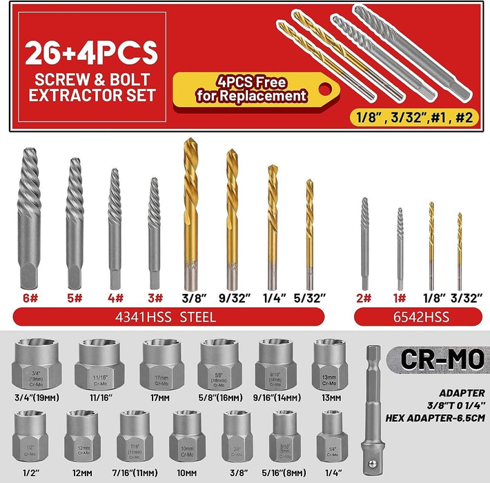 Force pro 26pc Screw & Bolt Extractor Easy Out Remover Drill Bit Broken Nut Bolt