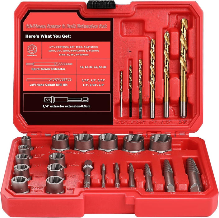 Force pro 26pc Screw & Bolt Extractor Easy Out Remover Drill Bit Broken Nut Bolt