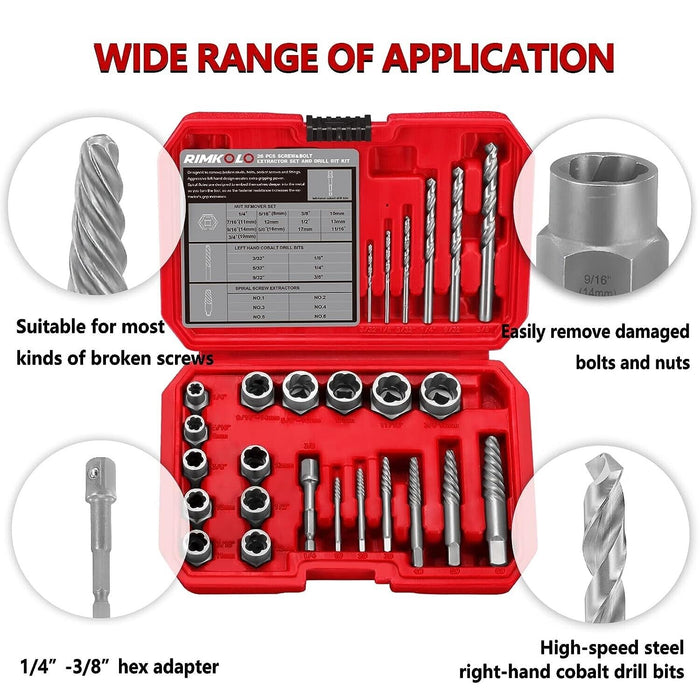 Force pro 26pc Screw & Bolt Extractor Easy Out Remover Drill Bit Broken Nut Bolt