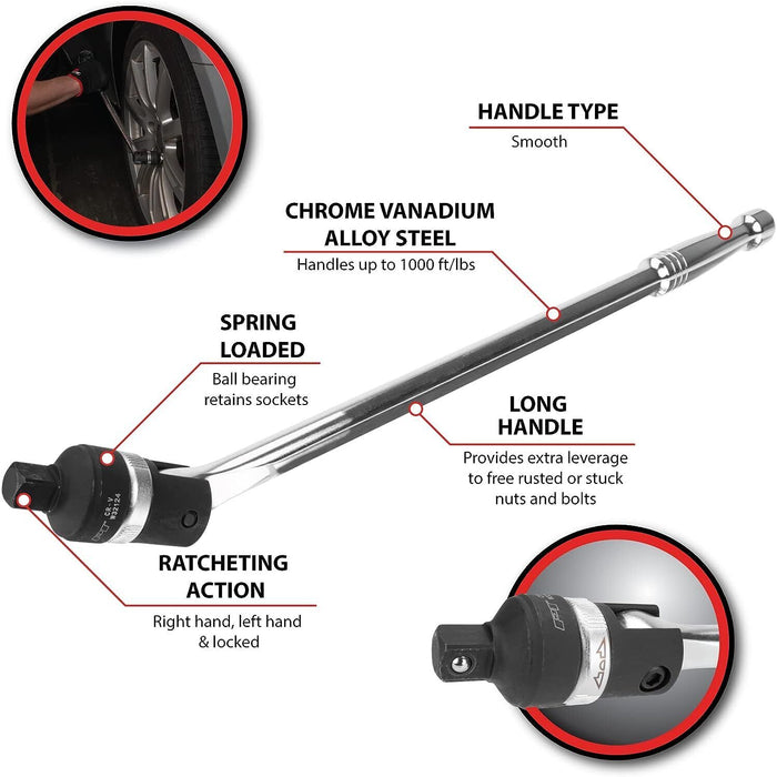 PK Tool 3/8 or 1/2 Cr-V Flex Head 24th Ratchet Breaker Bar 12/15/18/24" mmL
