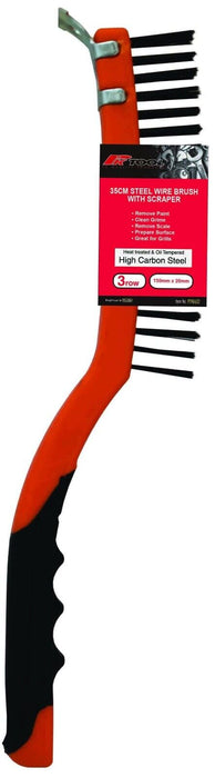 PK Tools -  35cm (14”) 3 ROW STEEL WIRE BRUSH with SCRAPER