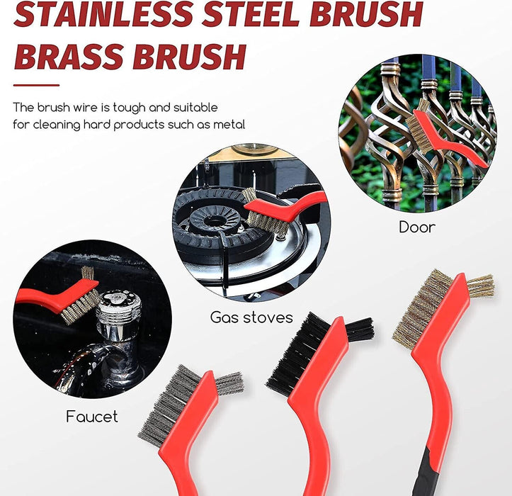 3PC Wire Brush Set Stainless Brass Nylon Machine Scooter Welding Slag Rust