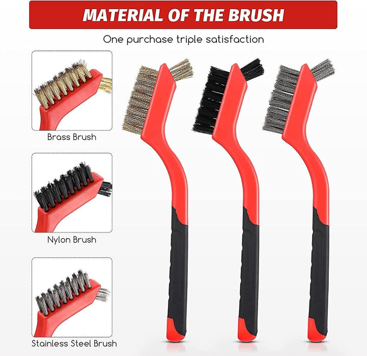 3PC Wire Brush Set Stainless Brass Nylon Machine Scooter Welding Slag Rust
