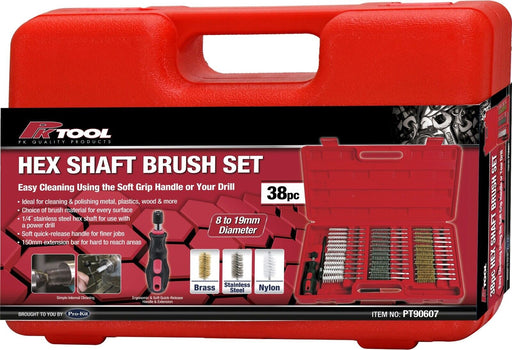 38pc Industrial Wire Brush Set |1/4" Hex Shank Long Ext. Stainless Steel Nylon - FISHER DISCOUNT