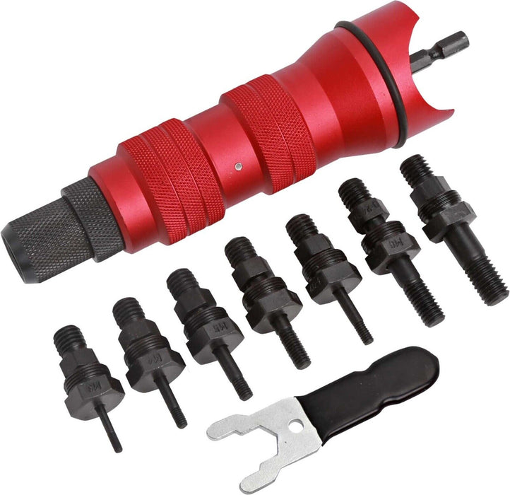 PK Tool 9 Pcs Nutsert Rivet Drill Adaptor Kit - with CASE &Metric & SAE Mandrels