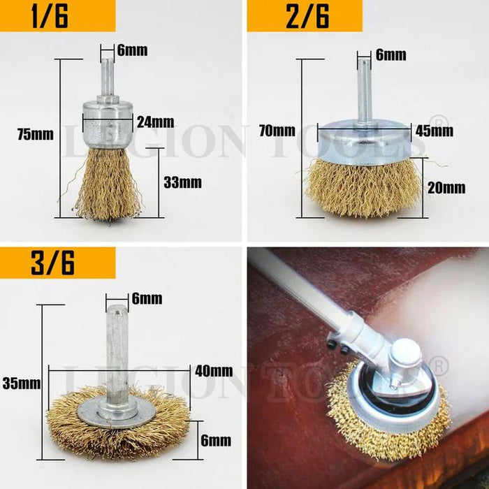 6pc Wire Brush Set Wheel Brushes Brass Coated Brush Wheel Rotary Cleaning Drill