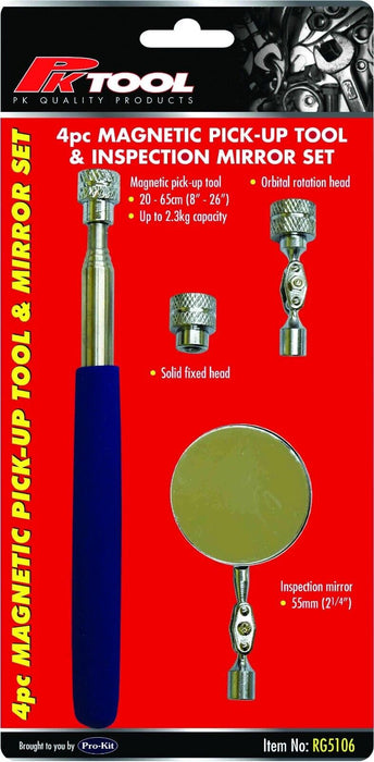 PK TOOLS 4pc MAGNETIC PICK UP TOOL & INSPECTION MIRROR SET Made in Taiwan