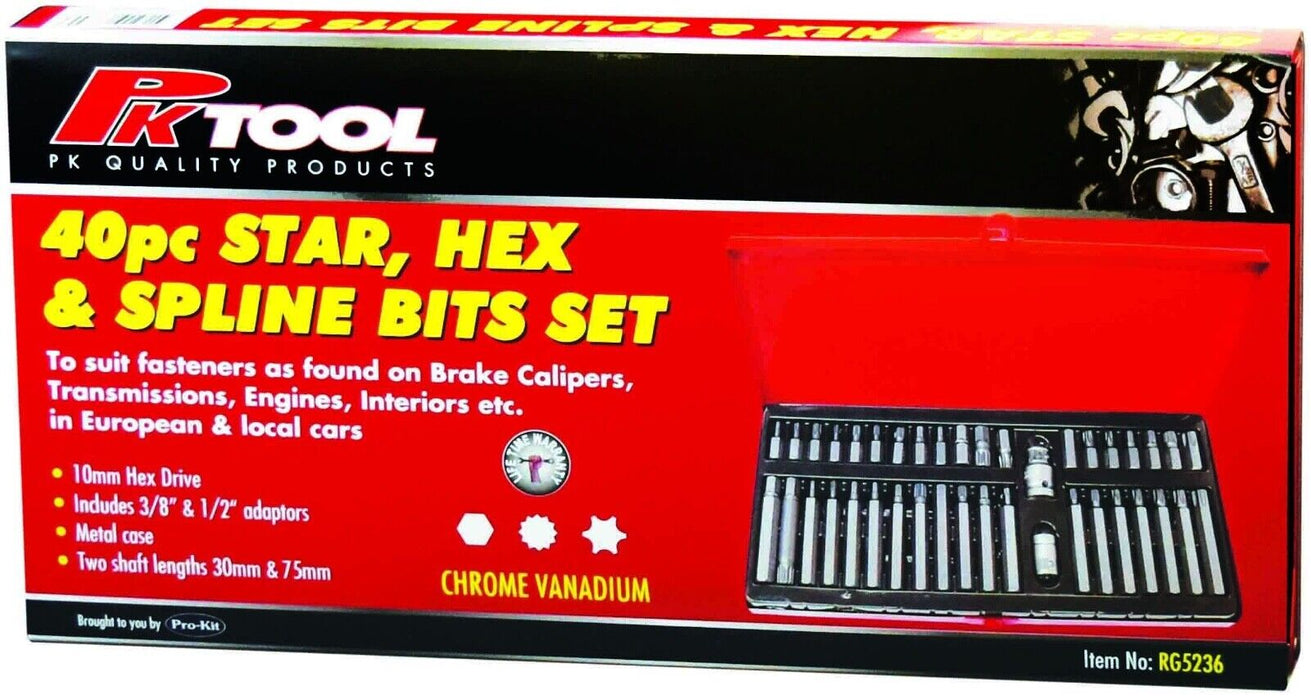 PK TOOLS 40pc Power Bit Set Star Spline Hex Torx Torque Bits 3/8" 1/2" Adapters