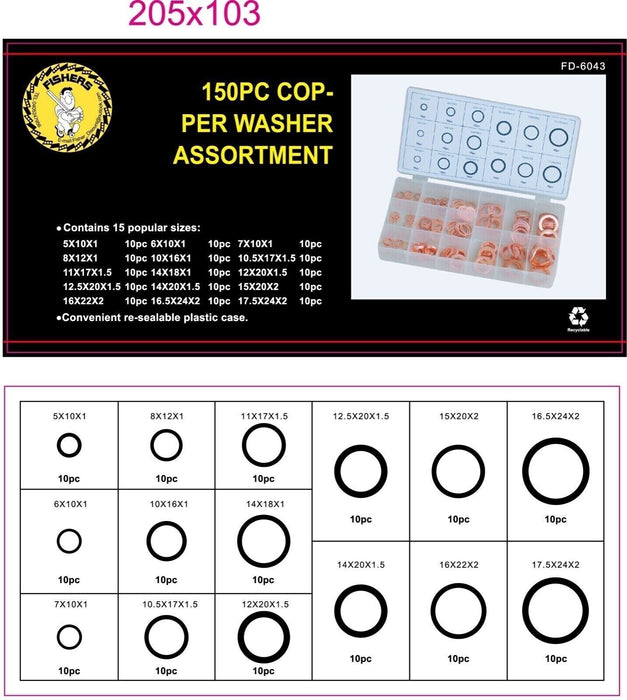 150x 15 Sizes Solid Copper Washers Sump Plug Seal Set Assorted Kit with Box AU