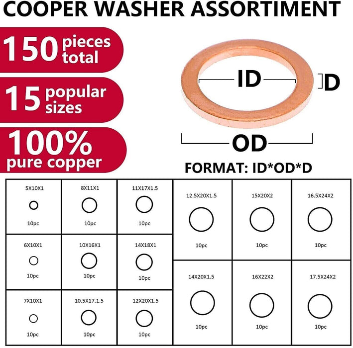 150x 15 Sizes Solid Copper Washers Sump Plug Seal Set Assorted Kit with Box AU