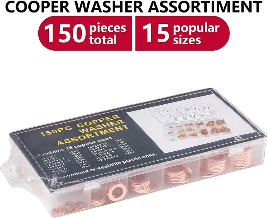 150x 15 Sizes Solid Copper Washers Sump Plug Seal Set Assorted Kit with Box AU