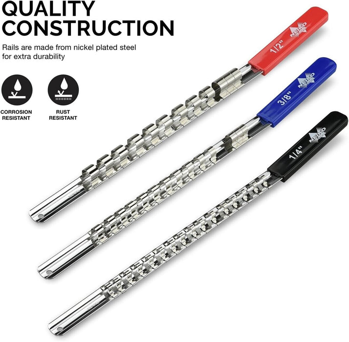 PK Tool Socket Holder 3pc Set Metal Steel Clips And Rails Hand Tool 1/2 3/8 1/4