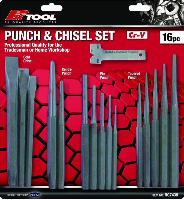 PK TOOLS 16PC Cold Chisel Set Pin Tapered Centre Punch Gauge  Metal & Wood Work