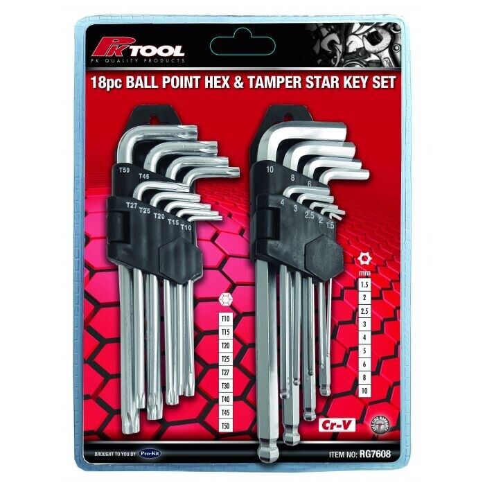 PK TOOL 18pc METRIC BALL END HEX TAMPER PROOF TORX STAR KEY SET 1.5-10mm T10-T50