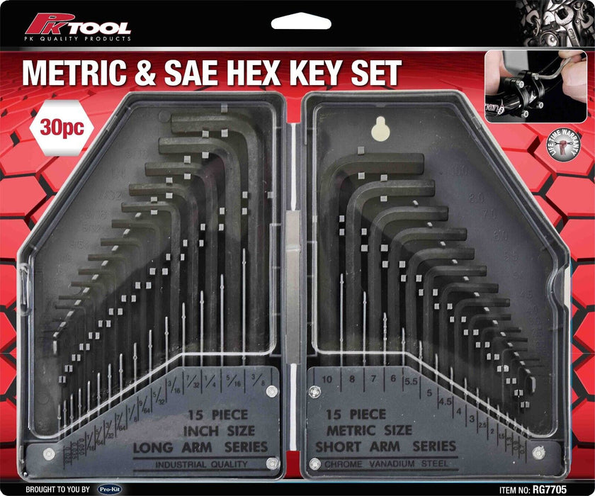 PK TOOLS  Hex Key Set 15pc SAE 0.028”-3/8”/15pc Metric 0.7-10mm