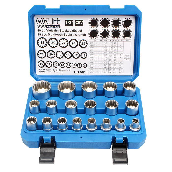 PK TOOLS 19pc 1/2" Dr Universal Spline Socket Set 12PT 8-32mm CR-V Metric Socket