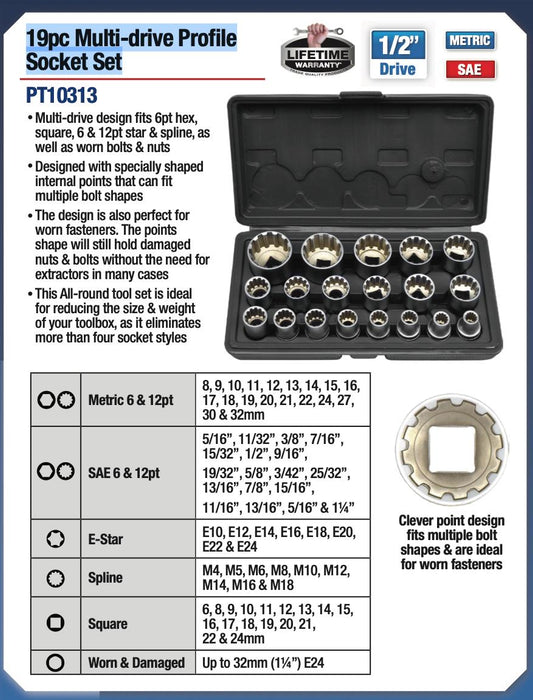 PK TOOLS 19pc 1/2" Dr Universal Spline Socket Set 12PT 8-32mm CR-V Metric Socket