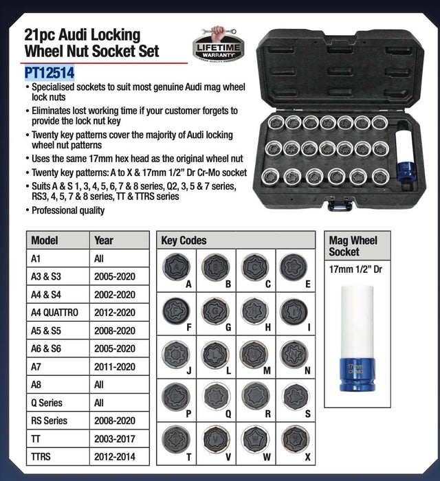 PK TOOLS 21pc Special Locking Wheel Nut Key Socket Set Audi Pattern Key+Adapter