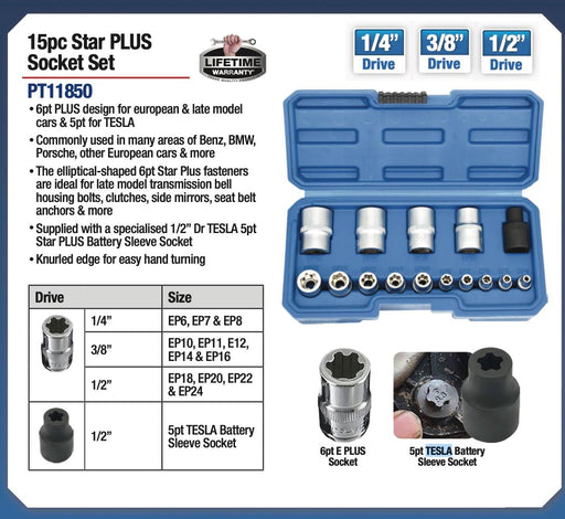 PK TOOLS 15PC Torx Plus Socket Set 1/2Dr E6-E24 Quality +5PT TESLA Sleeve Socket - FISHER DISCOUNT