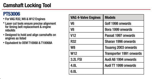 PK TOOLVag Engine Timing Camshaft Locking Tool Kit W8-V6 R32 3.2L FSI & W12 6.0L - FISHER DISCOUNT