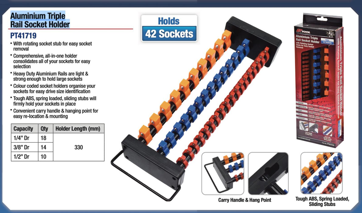 PK TOOLS 42PC Socket Rails Set Mix Holder Ball Lockable Tool Storage Tray