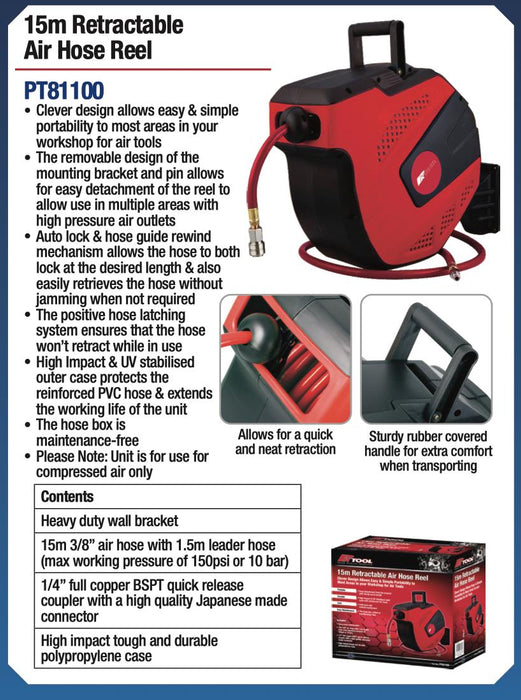 PK TOOLS 15M Retractable ReCoila Heavy Duty Air Water Hose Reel Compressed Air