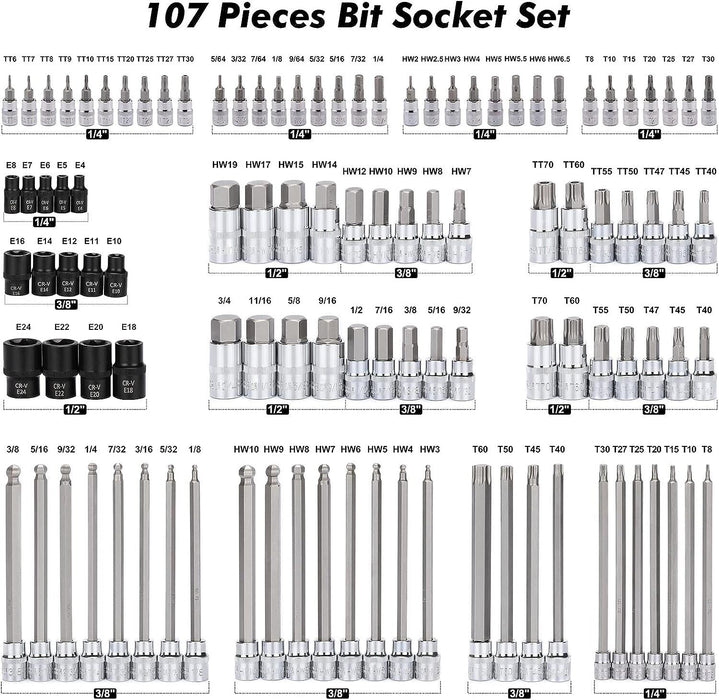 PK TOOLS 1/4 3/8 1/2"Dr Extra Long Torx/Tamper Proof Torx/Hex/Ball End Hex Bit