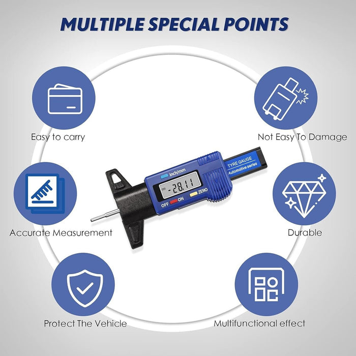 T&E Tools Digital Tyre Tread Depth Gauge 0-25mm/ 0-1" 01mm/.0005" 6938