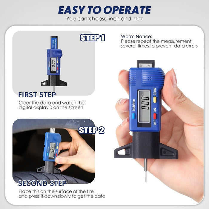 T&E Tools Digital Tyre Tread Depth Gauge 0-25mm/ 0-1" 01mm/.0005" 6938