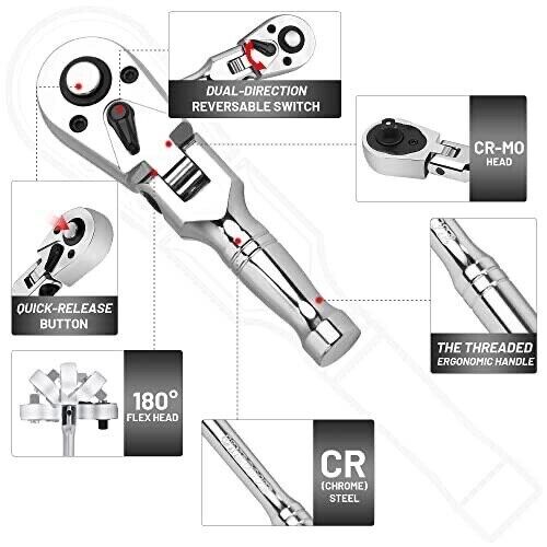 T&E Tools 108 Tooth 3/8"Dr. Mini Flex-Stubby Ratchet Made in Taiwan 22532