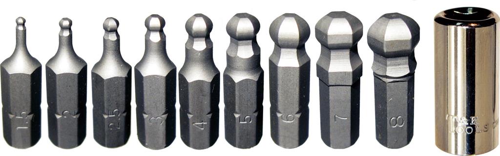 T&E Tools 10PC Metric Ball-End In-Hex Insert Bits 50mmL Made in Taiwan 91128