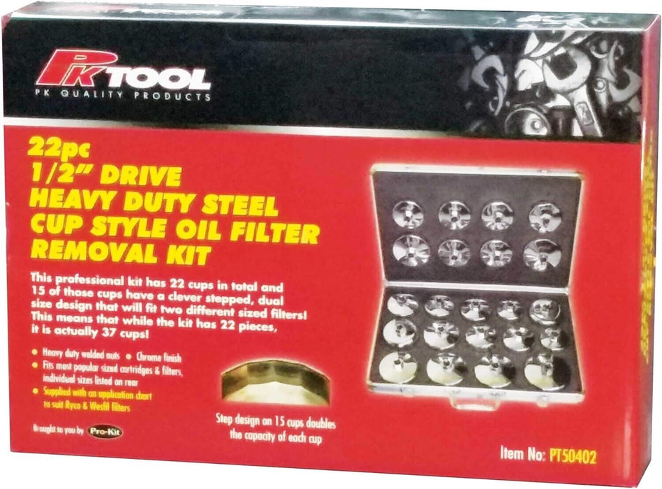 PK Tool 22 Pcs 1/2"Dr Oil Filter Removal Kit Cup Style Kit Chrome Finish 37size