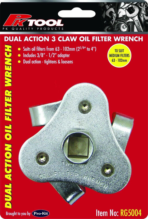 PK Tool 3 Claw Oil Filter Wrench - Fits Filters 63-102mm with Adaptor