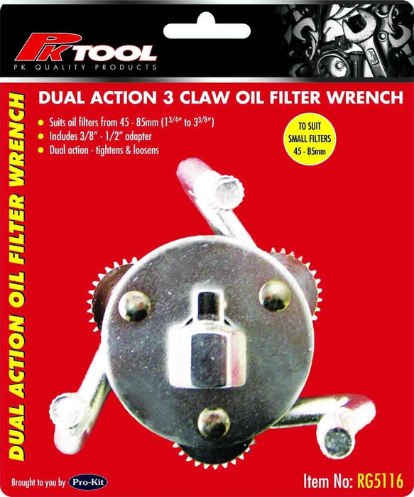 PK Tool Adjustable 3 Claw Oil Filter Wrench -Fits Filters 45 - 85mm with Adaptor